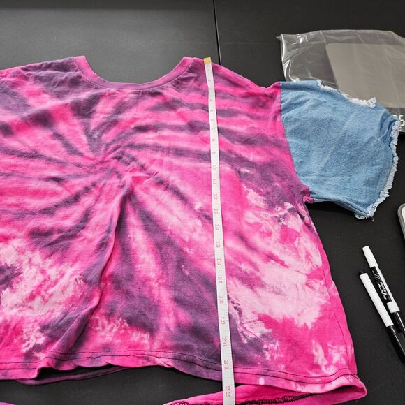 Womens Y2K Tie Dye Distressed Jean T-Shirt Plus Size 3X Pink Blue Cropped Boho - Picture 9 of 10